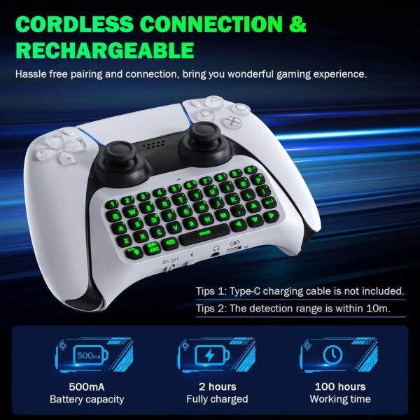 MoKo Keyboard for PS5 Controller with Green Backlight, Bluetooth Wireless Mini Keypad Chatpad for Playstation 5, Built-in Speaker & 3.5mm Audio Jack for PS5 Controller Accessories  Video Games - Image 23