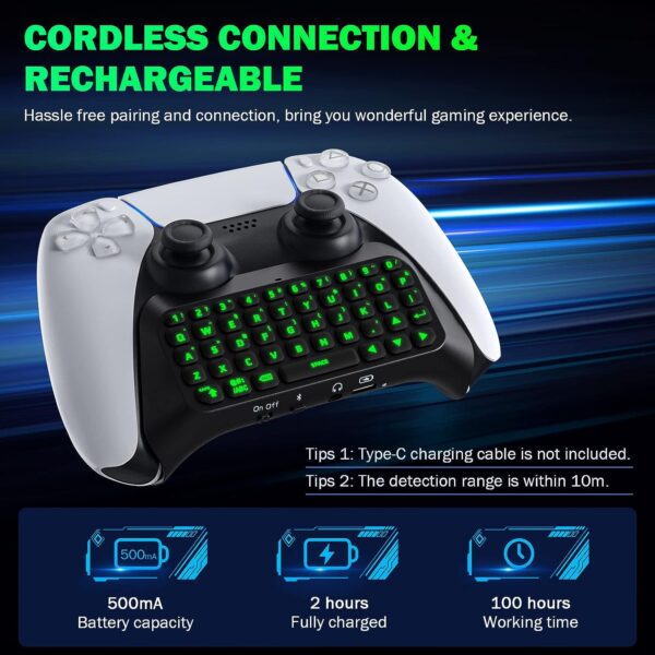 MoKo Keyboard for PS5 Controller with Green Backlight, Bluetooth Wireless Mini Keypad Chatpad for Playstation 5, Built-in Speaker & 3.5mm Audio Jack for PS5 Controller Accessories  Video Games - Image 14