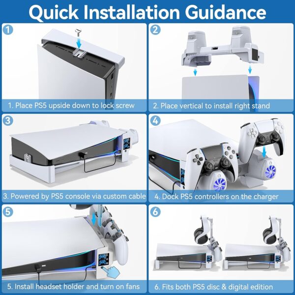 PS5 Horizontal Stand with 3-Level Cooling Fans for Playstation 5 Console, PS5 Accessories Controller Charging Station Fit for PS5 Edge Controller, PS5 Cooling Station with Headset Holder  Video Games - Image 12