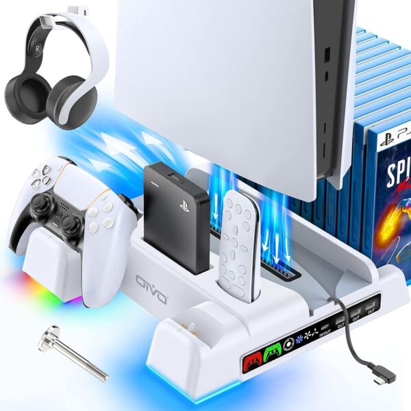 PS5 Stand and Cooling Station with RGB LED Controller Charging Station for Playstation 5 Console, 2H Fast PS5 Controller Charger, PS5 Accessories with 3-Level Cooling Fan, Headset holder, 3 USB Hub  Video Games