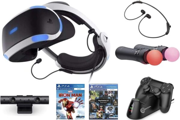 Newest Playstation VR Iron Man, Compatible with PS4 & PS5: VR Headset, Camera, Move Motion Controllers, Iron Man + Marxsol PS4 Controller Fast Charging Dock Bundle