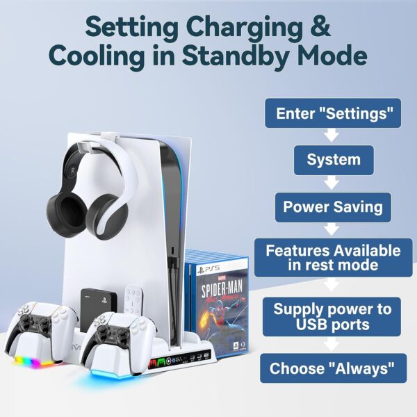 PS5 Stand and Cooling Station with RGB LED Controller Charging Station for Playstation 5 Console, 2H Fast PS5 Controller Charger, PS5 Accessories with 3-Level Cooling Fan, Headset holder, 3 USB Hub  Video Games - Image 5