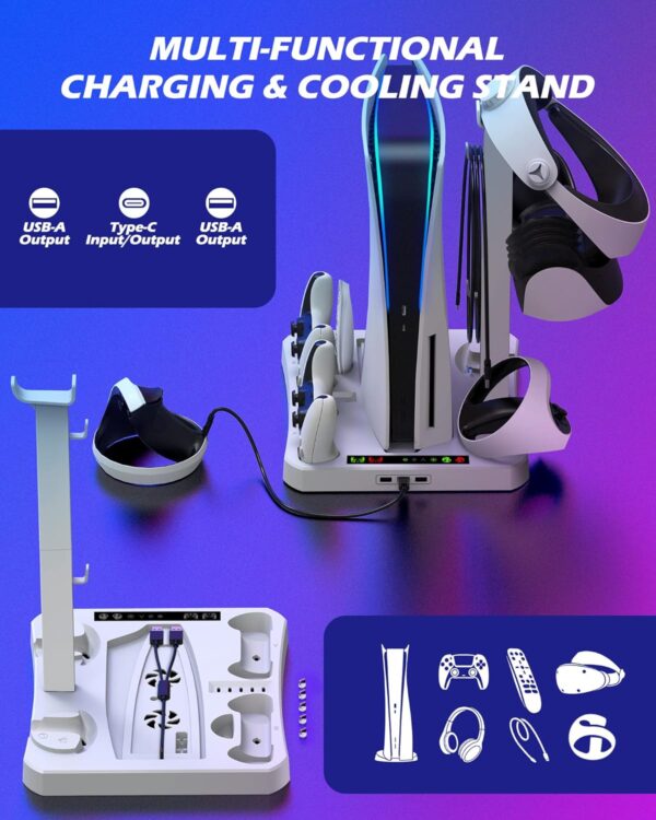 PS-5 & PS VR2 Charging Station with 2 Cooling Fan, YOGES 3-in-1 PS-5 Stand for Play-station5 and Play Station VR2 Controllers Charging, PS-5 Console Cooling Station PS-5 PS VR2 Accessories Storage  Video Games - Image 2