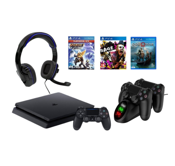 Playstation 4 500GB Console + 3 Games + Headset+Charging Dock Bundle (PS4)